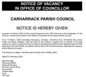 Notice of Vacancy for Councillor Chown